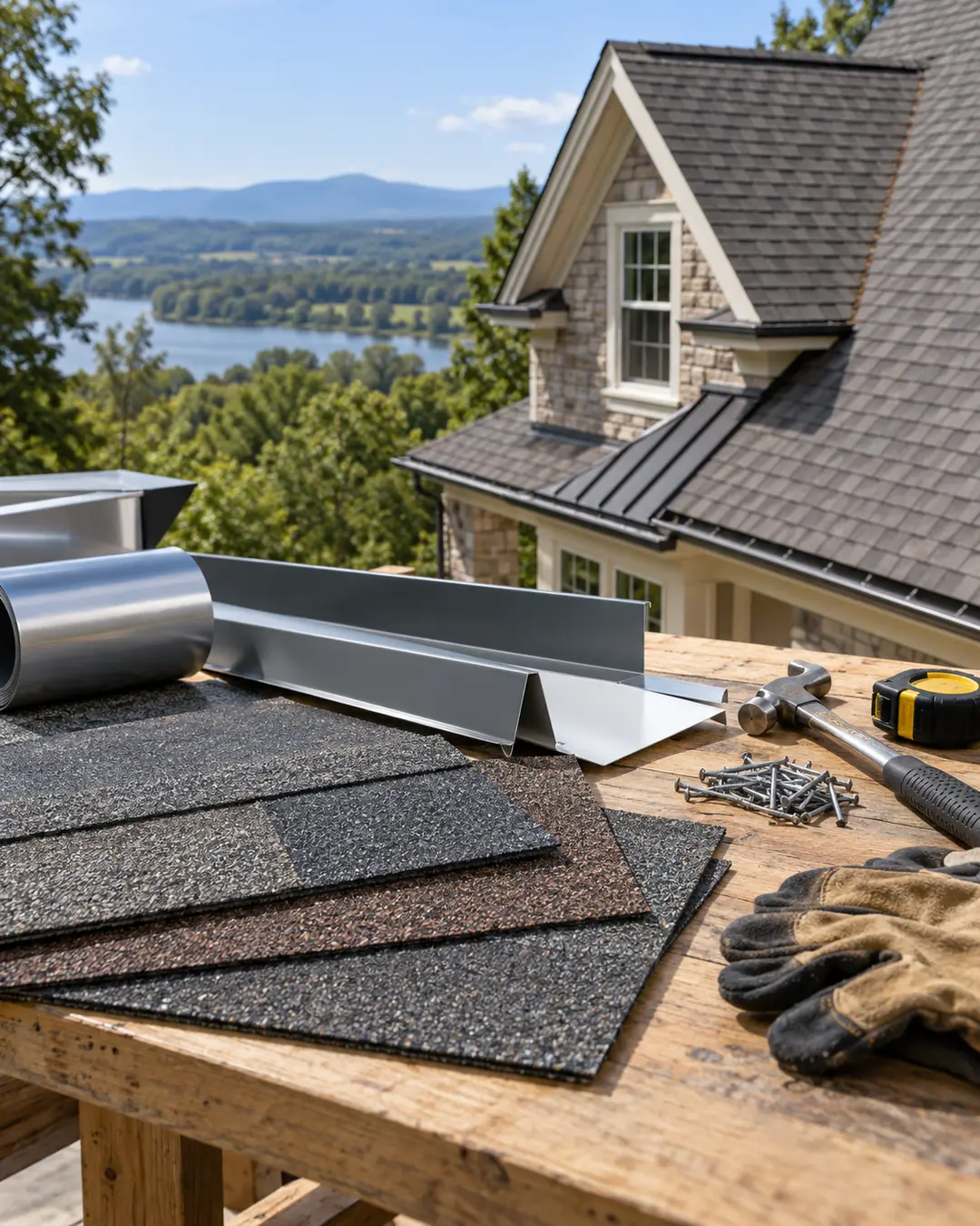 Asphalt shingle, metal panel, flashing, and roofing tools on a workbench