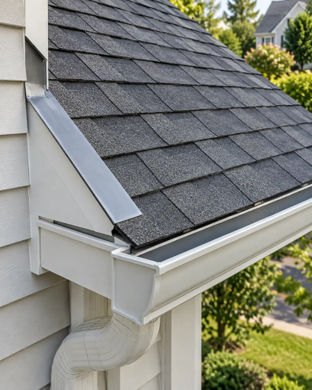 Roof flashing and shingle detail at a residential roof edge