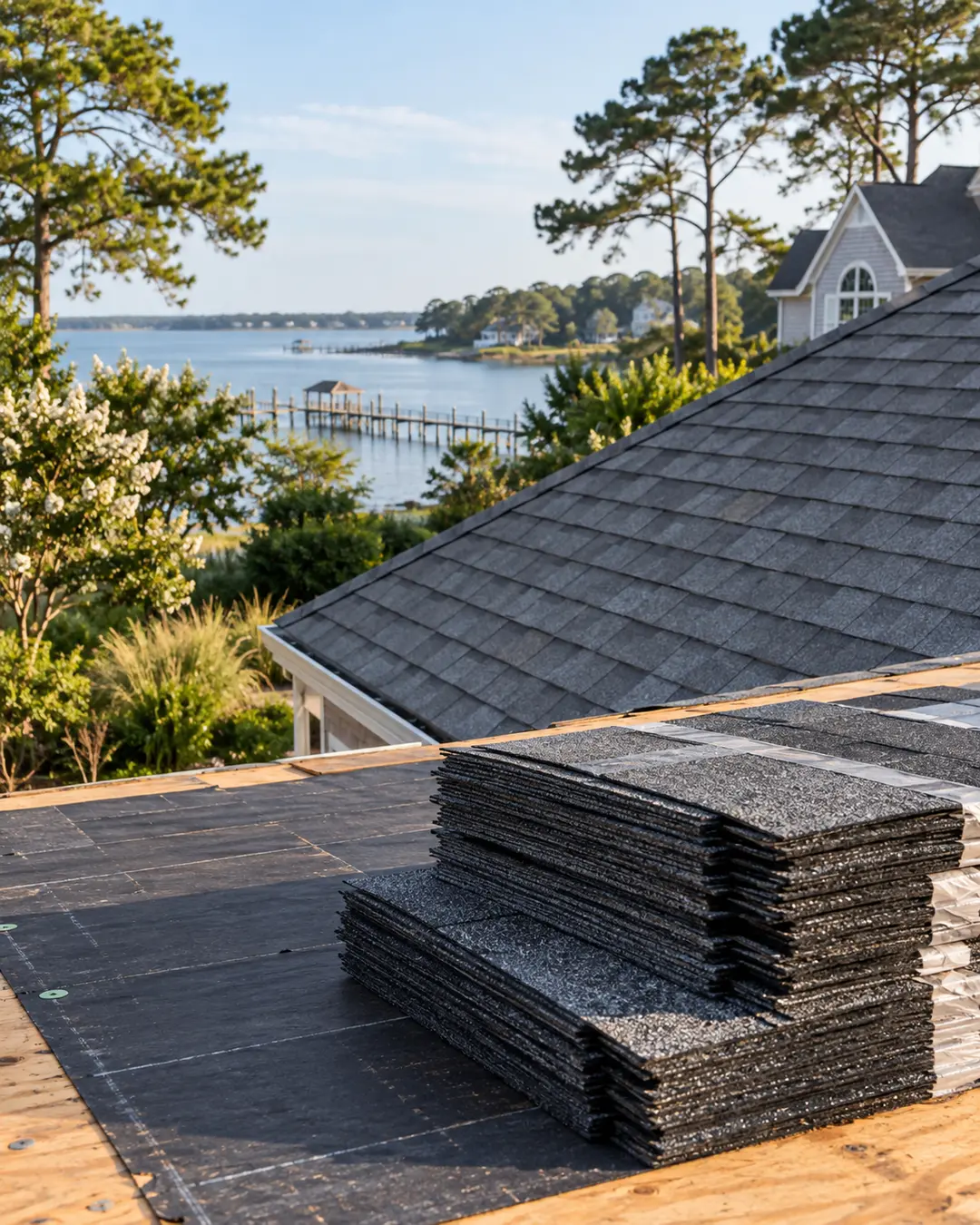 Detail of residential roof replacement materials and roof components